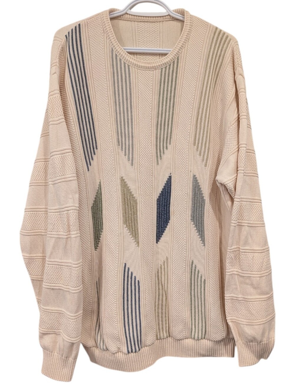 Vintage Men's Large Cream Geometric Textured Knit Sweater 90s Grandpa Core